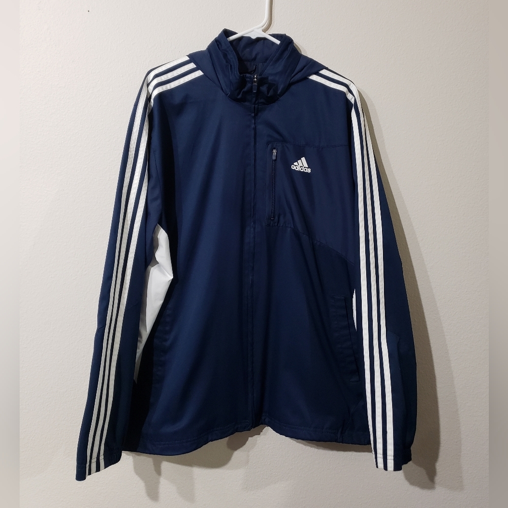 Adidas Men's Navy Blue Windbreaker with White Accents